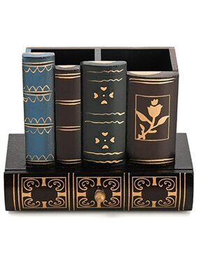 Decorative Pen Holder with Storage Drawer, Wooden Pencil Holder